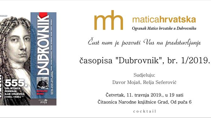 Ogranak Matice hrvatske u Dubrovniku - predstavljanje časopisa Dubrovnik br. 1/2019.