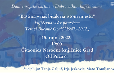 Dani europske baštine: književna večer posvećena dubrovačkoj književnici Terezi Buconić Gović