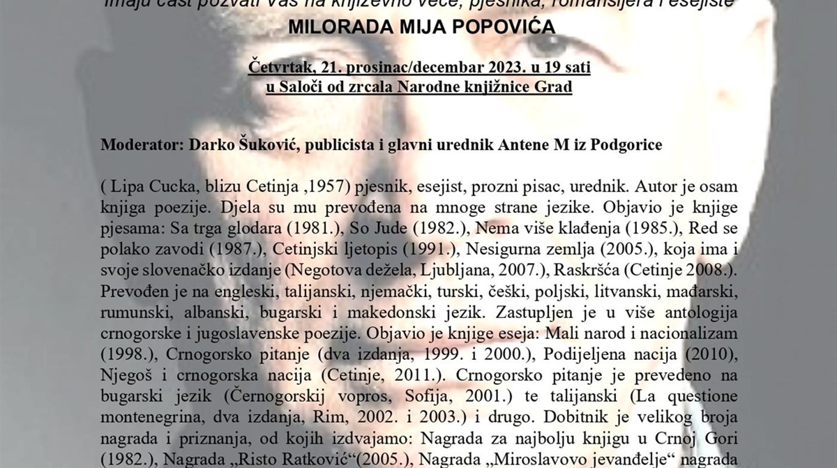 SAVEZ CRNOGORACA HRVATSKE Književna večer posvećena pjesniku Miloradu Miju Popoviću