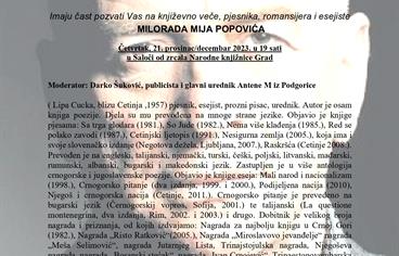 SAVEZ CRNOGORACA HRVATSKE Književna večer posvećena pjesniku Miloradu Miju Popoviću