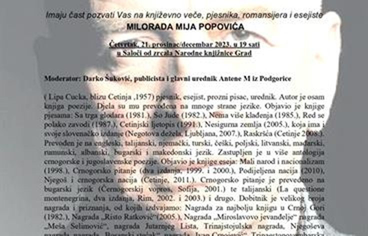 SAVEZ CRNOGORACA HRVATSKE Književna večer posvećena pjesniku Miloradu Miju Popoviću