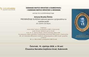 OMH Dubrovnik: Predstavljanje knjige Antuna Branka Šimića "Preobraženje glasova"