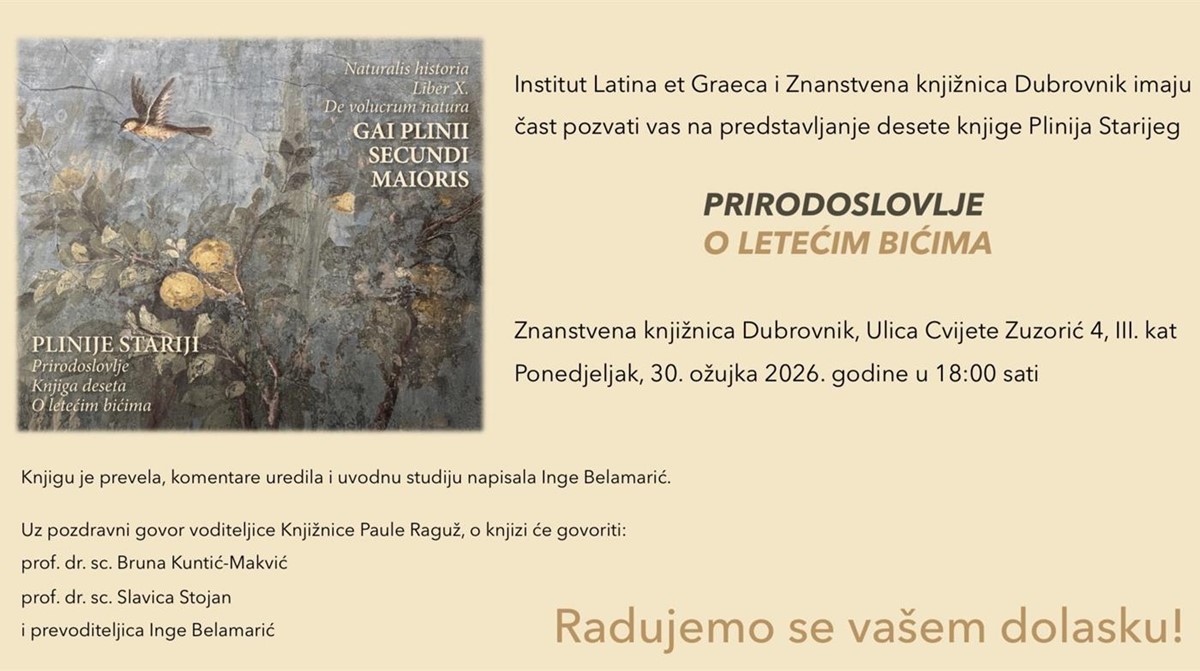 Predstavljanje knjige „O letećim bićima“ Plinija Starijeg u Znanstvenoj knjižnici Dubrovnik