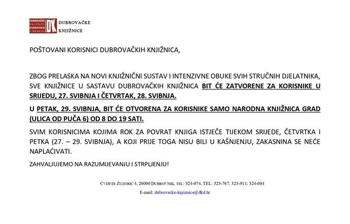 Obavijest o privremeno izmijenjenom radnom vremenu Dubrovačkih knjižnica