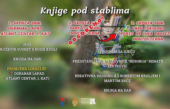 Promjena lokacije i odgoda dijela programa manifestacije „Knjige pod stablima” zbog najavljene kiše