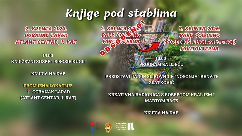 Promjena lokacije i odgoda dijela programa manifestacije „Knjige pod stablima” zbog najavljene kiše