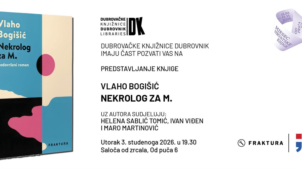 Vlaho Bogišić predstavlja roman „Nekrolog za M.” u Narodnoj knjižnici Grad